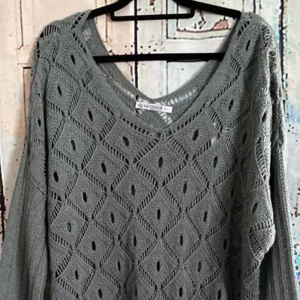 Grey V Neck Sweater - front and back
